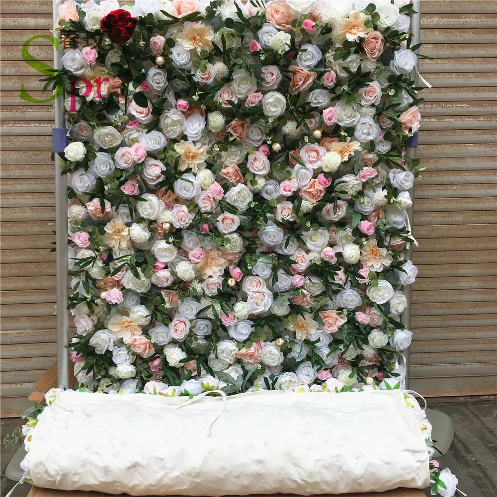 SPR Top Selling Roll up Cloth Back Mix White and Ivory Silk Flower Wall for Wedding Backdrop Decoration