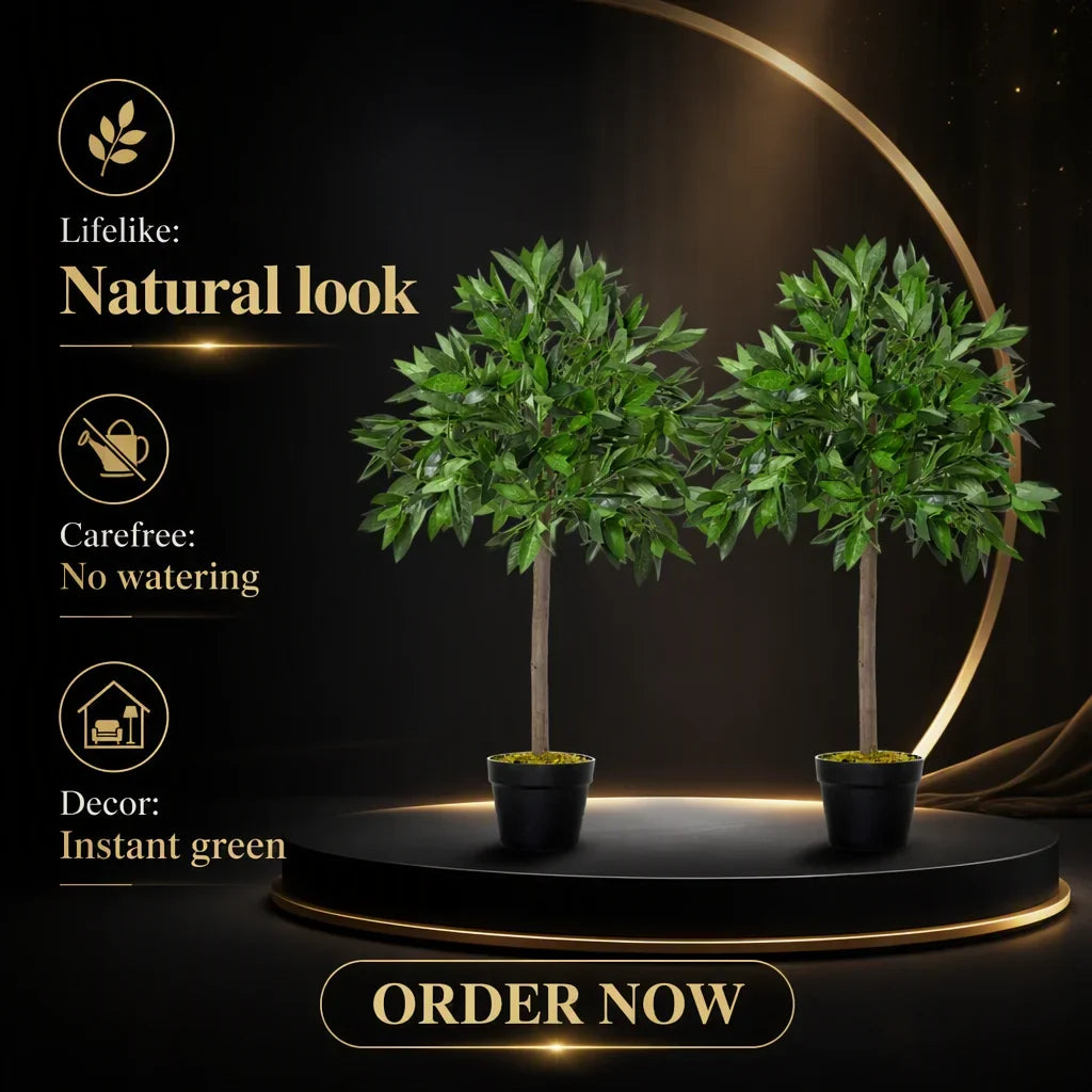 SPR Artificial Laurel Topiary Tree Set of 2 Realistic Leaves Twisted Trunk with Plastic Pot for Home Garden Patio Decor