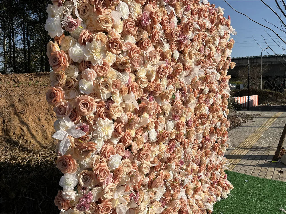 SPR High Quality Handmade Bohemian Style Green Plant Flower Wall with Rose Roll up Scented Reusable Wedding Backdrop
