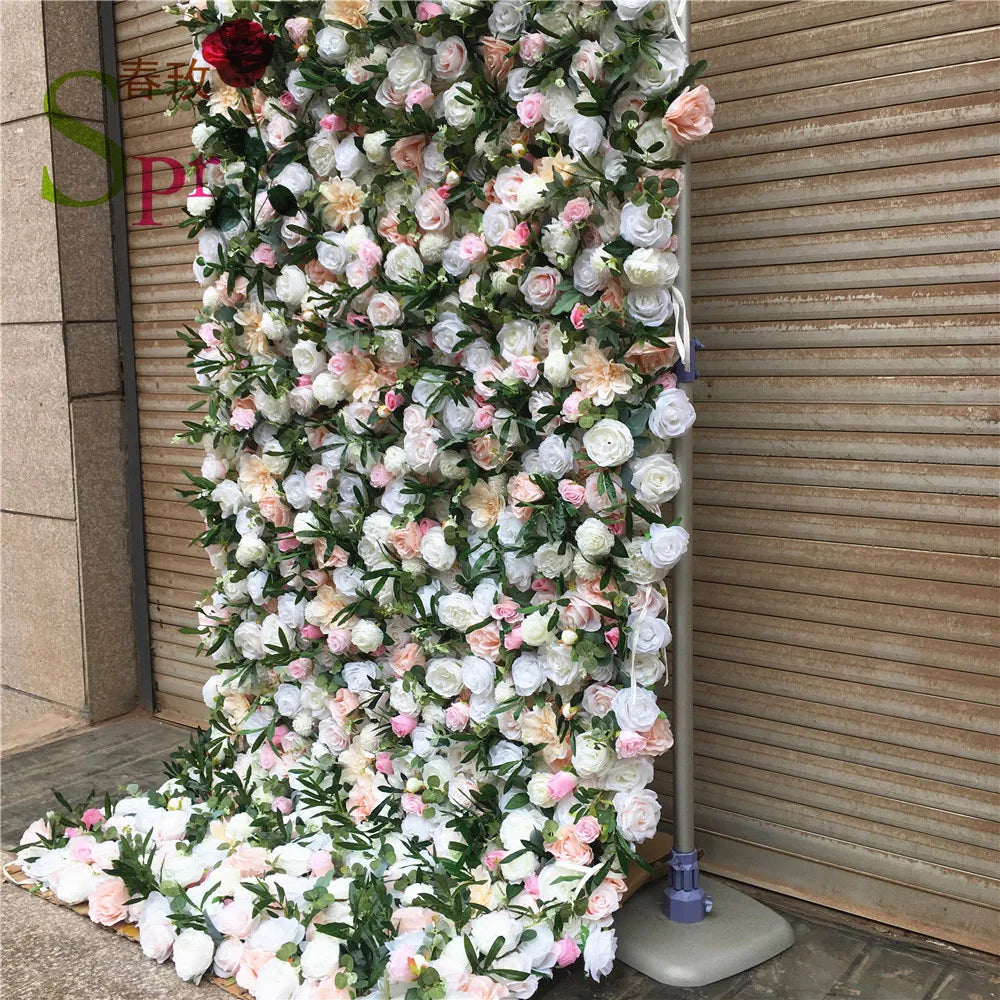 SPR Top Selling Roll up Cloth Back Mix White and Ivory Silk Flower Wall for Wedding Backdrop Decoration