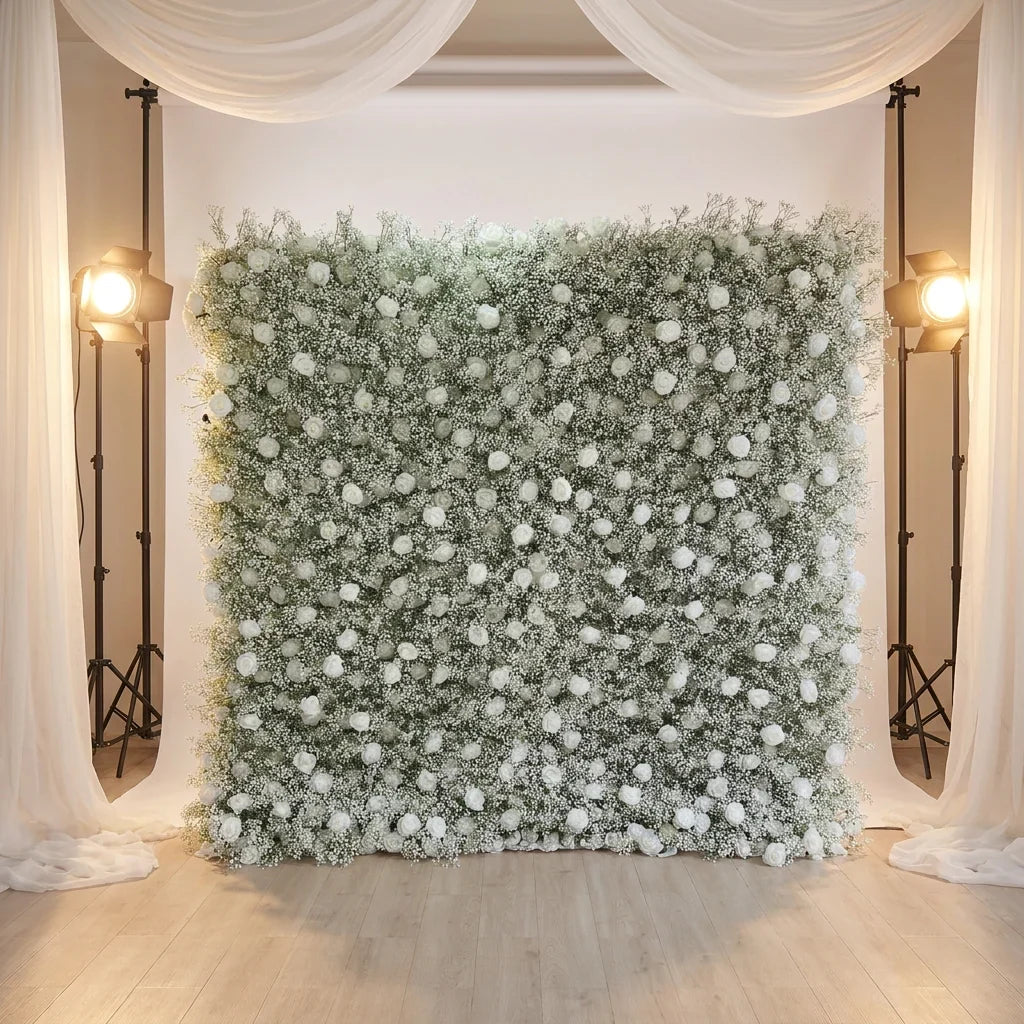 SPR Wholesale Custom White Baby Breath Wedding Rose Supplies Decoration Rose Backdrop Silk Artificial Decorative Flower Wall