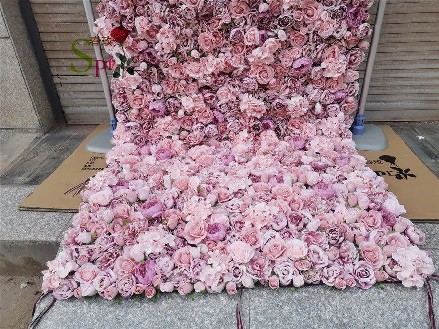 SPR customized size & color Roll up Wedding Artificial Silk Rose Flower Wall Backdrop Wall for Wedding Decoration