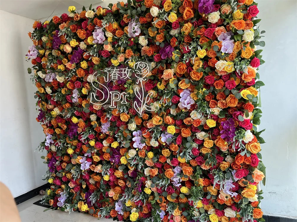 SPR Bridal Bouquet Customized Color Wedding Artificial Rose Peony Orchid Flower Wall with Green Plant Leaf Flower Panel