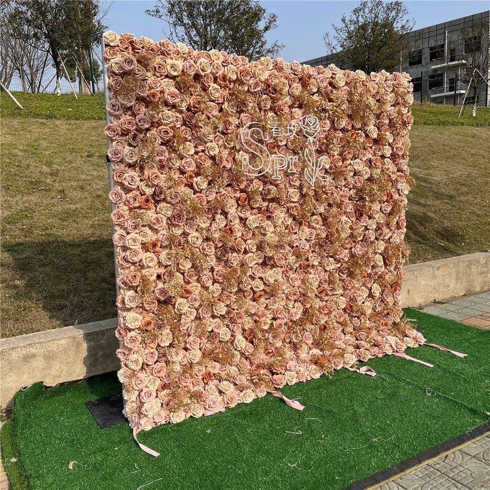 SPR Bride Flower Wholesale Custom Gold Flower Wall Backdrop Wedding Supplies Decoration Rose Backdrop Silk Artificial Decorative