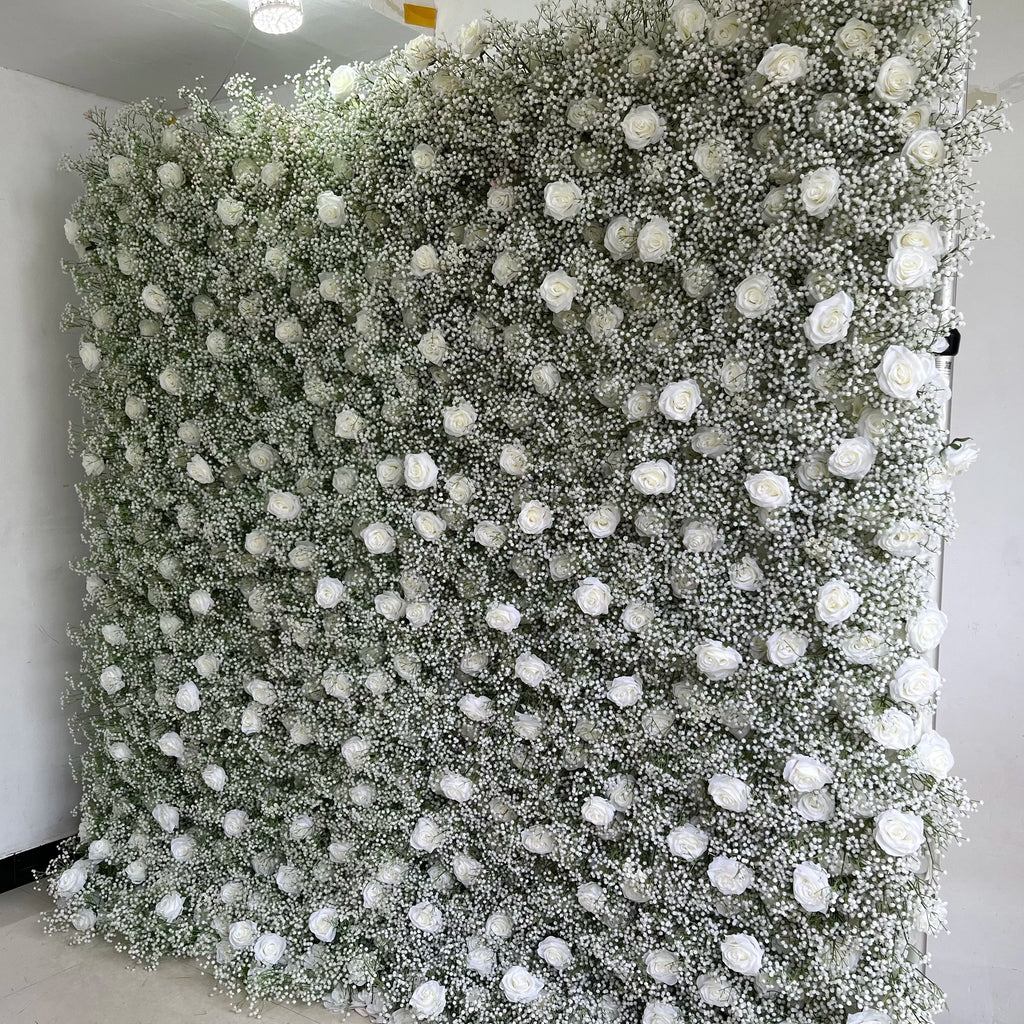 SPR Wholesale Custom White Baby Breath Wedding Rose Supplies Decoration Rose Backdrop Silk Artificial Decorative Flower Wall