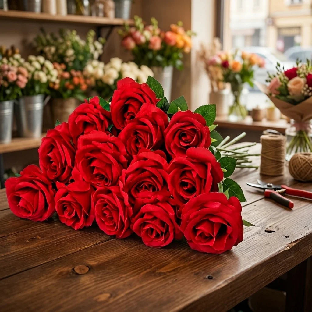 Wholesale Red Artificial Silk Roses Bouquet Long Stems Bridal Floral for Wedding Mother's Day Home Table Centerpiece Decor