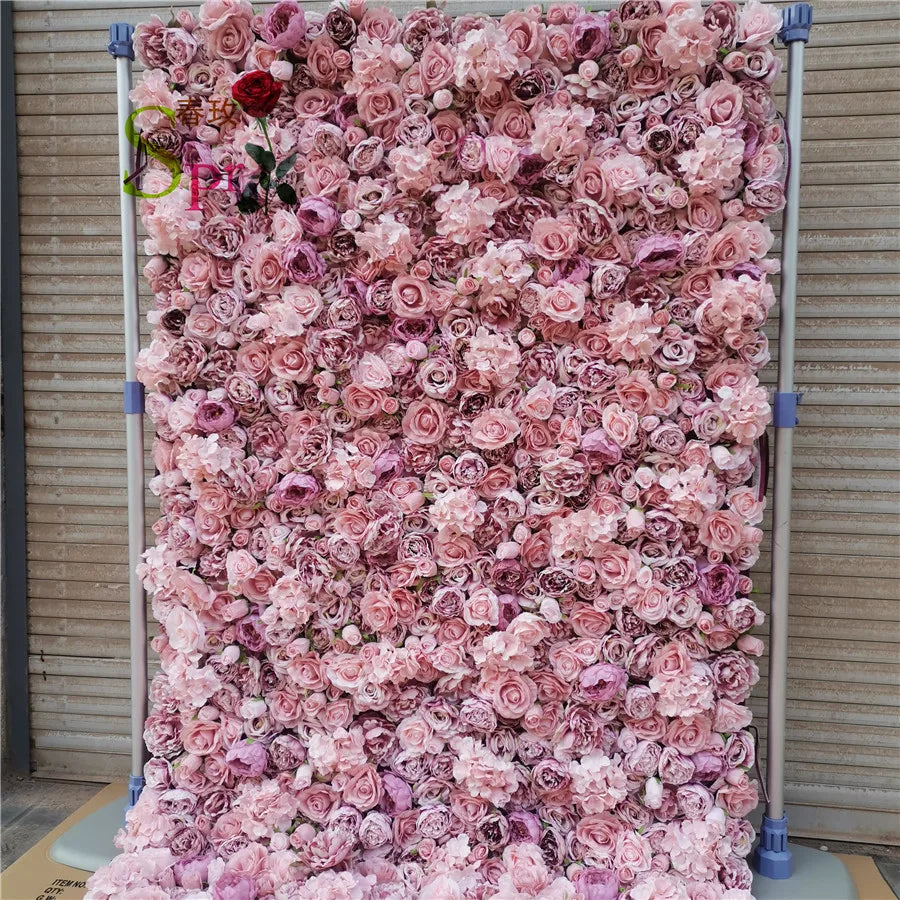 SPR customized size & color Roll up Wedding Artificial Silk Rose Flower Wall Backdrop Wall for Wedding Decoration
