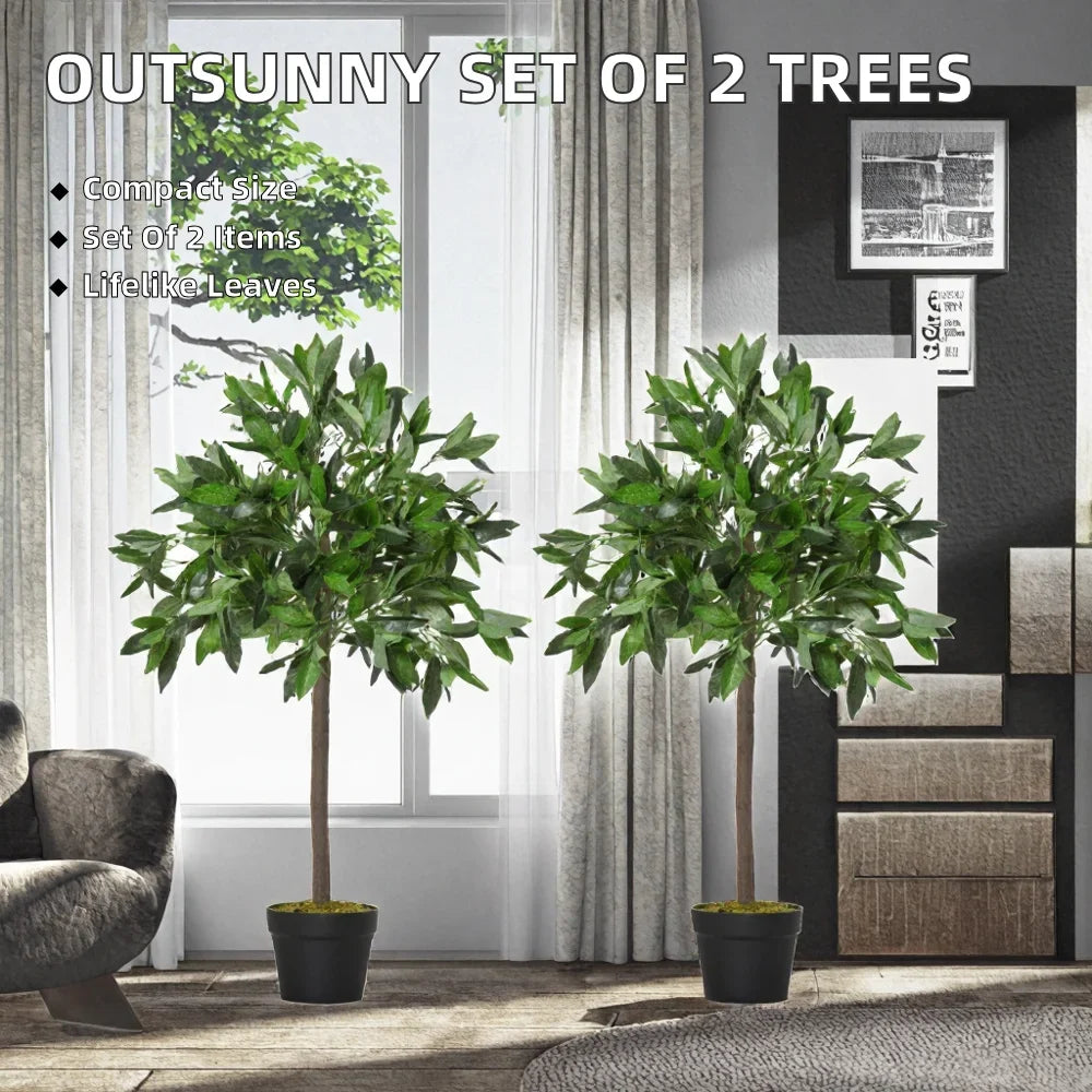 SPR Artificial Laurel Topiary Tree Set of 2 Realistic Leaves Twisted Trunk with Plastic Pot for Home Garden Patio Decor