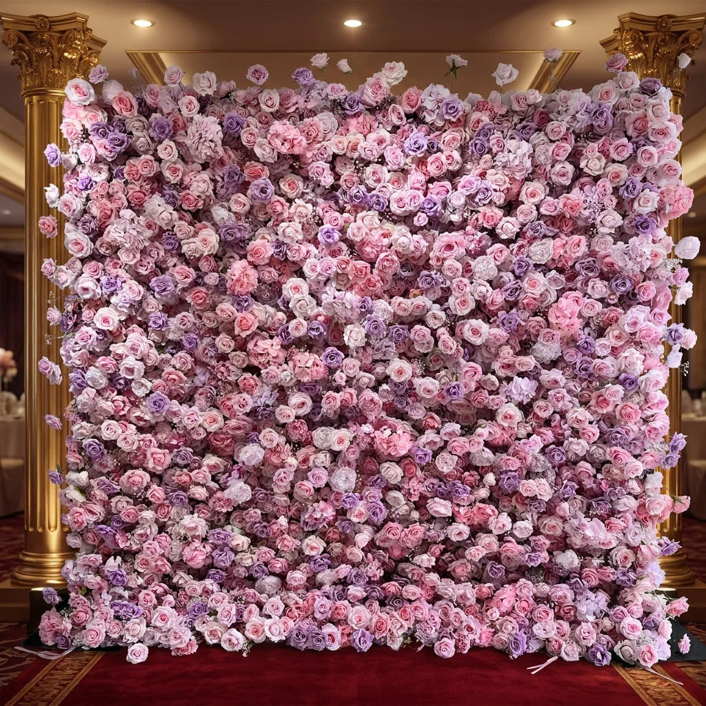 SPR Luxury Wedding Decoration Handmade Wholesale 7D Purple Pink Rose Flower Panel Backdrop Artificial Silk Flower Wall for Sale