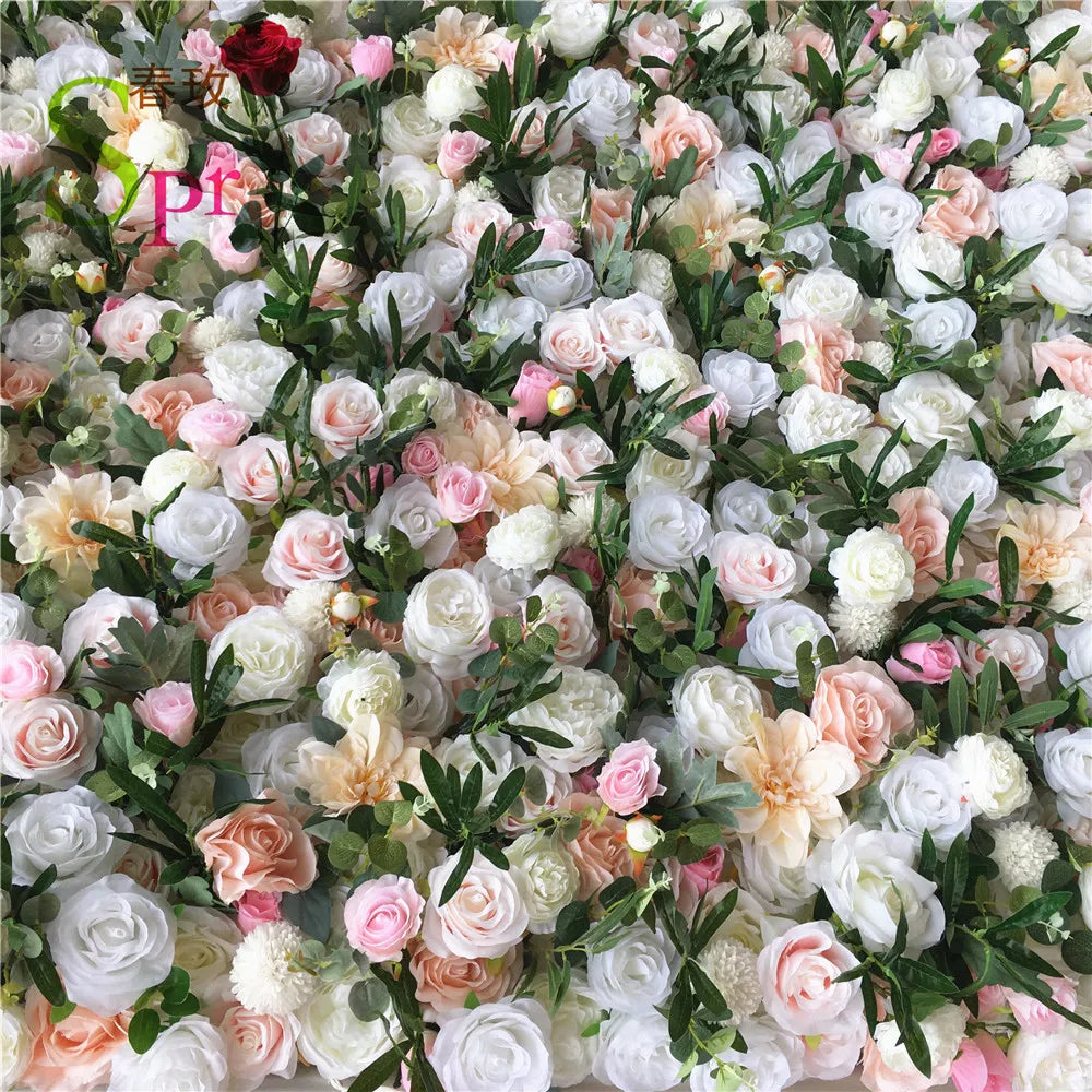 SPR Top Selling Roll up Cloth Back Mix White and Ivory Silk Flower Wall for Wedding Backdrop Decoration
