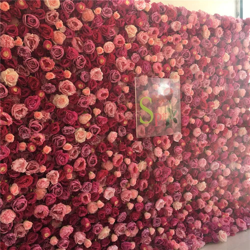 SPR Handmade Realistic Roll-Up Artificial Flower Wall 5D Design Black Peony Rose Hydrangea Wedding Backdrop Decoration