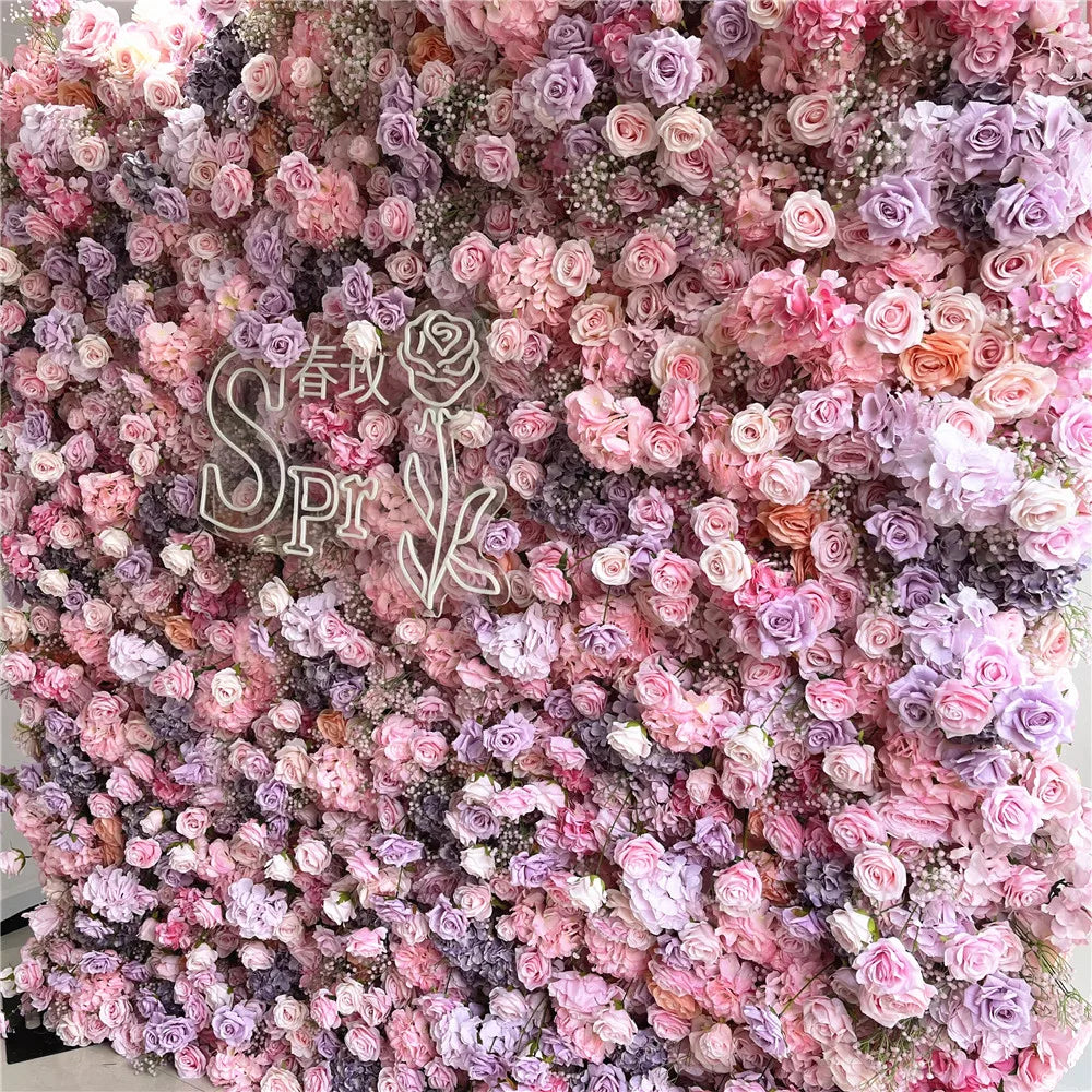 SPR Hot Sale Artificial Wedding Decoration Mix pink Purple  7D High Quality Flower Walls Fabric Back Roll up Style Wall