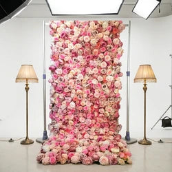 SPR Bridal Bouquet Roll up Fabric Plastic Rose Peony Arrangement Silk Artificial Flower Wall Panel Wedding Decoration Backdrop - Beige / SPR-FW2229-1