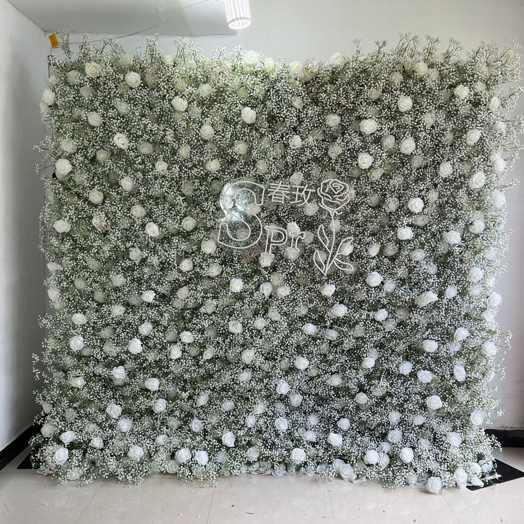 SPR Wholesale Custom White Baby Breath Wedding Rose Supplies Decoration Rose Backdrop Silk Artificial Decorative Flower Wall