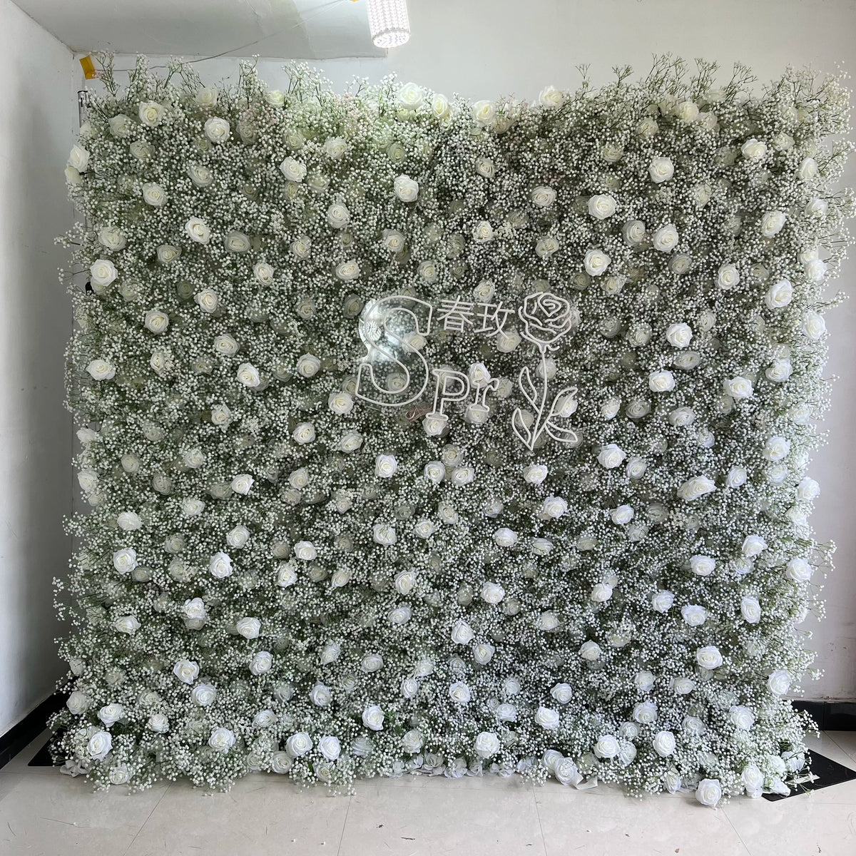 SPR Wholesale Custom White Baby Breath Wedding Rose Supplies Decoration Rose Backdrop Silk Artificial Decorative Flower Wall