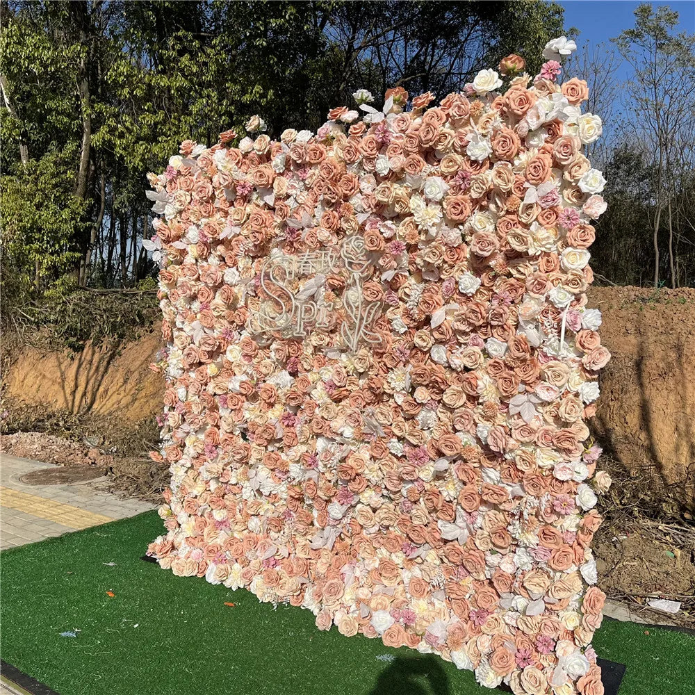 SPR High Quality Handmade Bohemian Style Green Plant Flower Wall with Rose Roll up Scented Reusable Wedding Backdrop