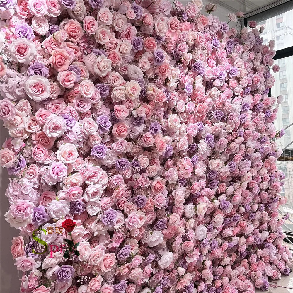 SPR Luxury Wedding Decoration Handmade Wholesale 7D Purple Pink Rose Flower Panel Backdrop Artificial Silk Flower Wall for Sale