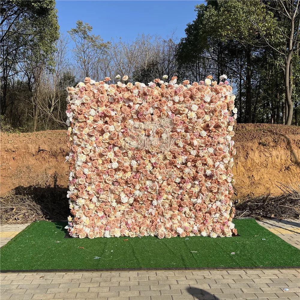 SPR High Quality Handmade Bohemian Style Green Plant Flower Wall with Rose Roll up Scented Reusable Wedding Backdrop