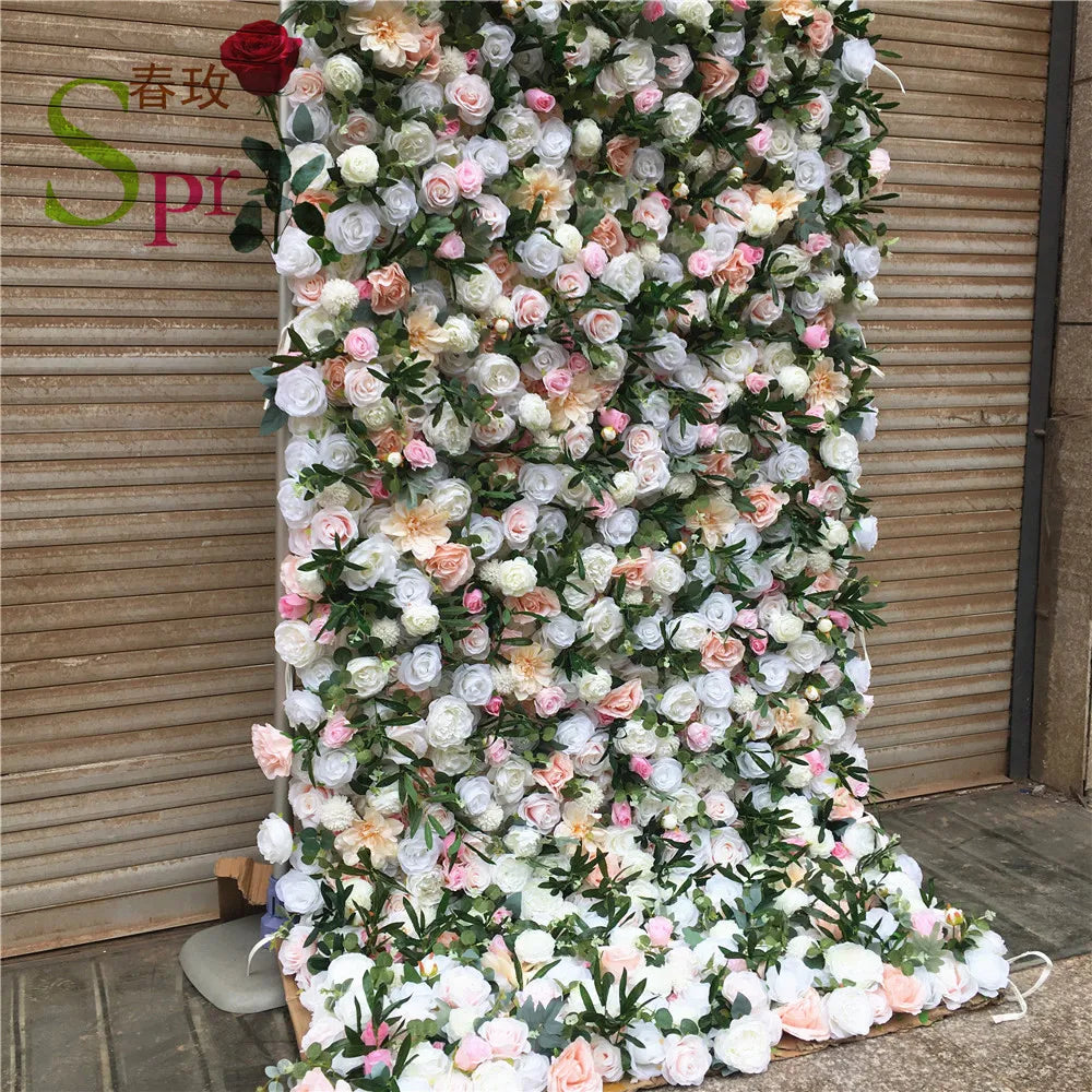 SPR Top Selling Roll up Cloth Back Mix White and Ivory Silk Flower Wall for Wedding Backdrop Decoration