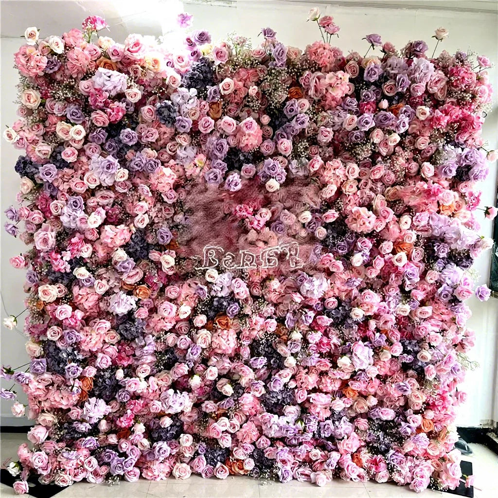 SPR Hot Sale Artificial Wedding Decoration Mix pink Purple  7D High Quality Flower Walls Fabric Back Roll up Style Wall