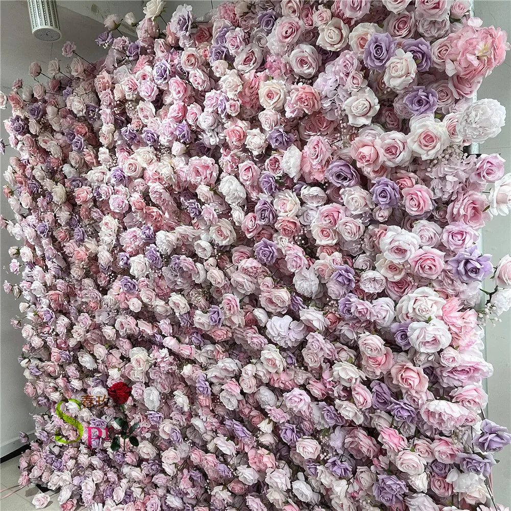 SPR Luxury Wedding Decoration Handmade Wholesale 7D Purple Pink Rose Flower Panel Backdrop Artificial Silk Flower Wall for Sale