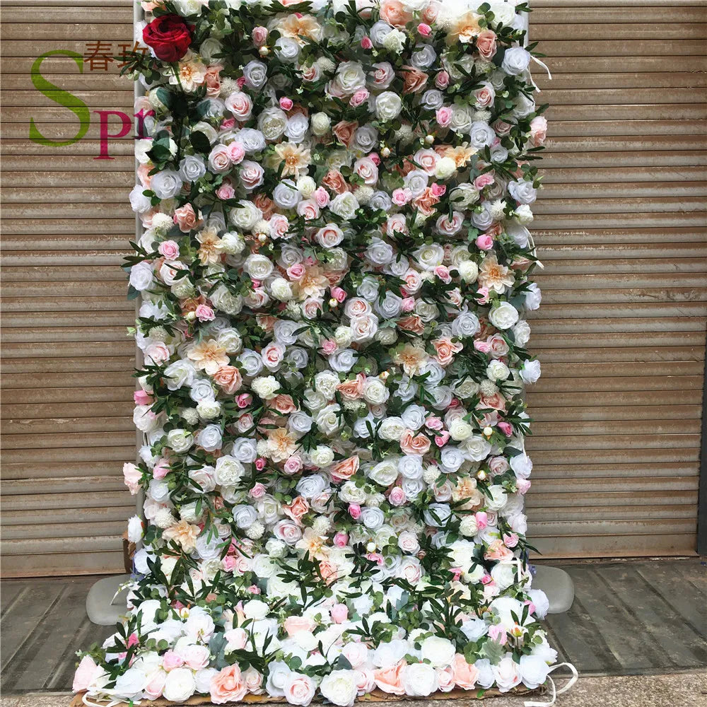 SPR Top Selling Roll up Cloth Back Mix White and Ivory Silk Flower Wall for Wedding Backdrop Decoration