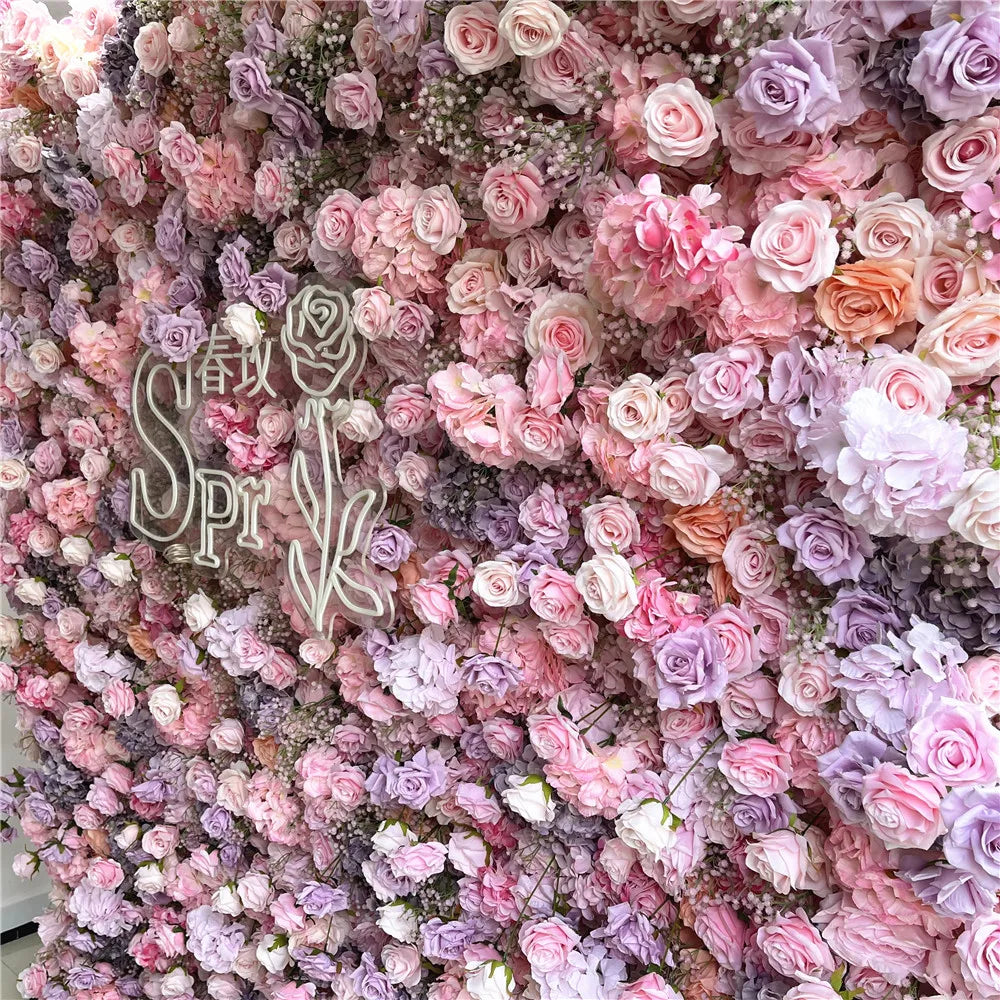 SPR Hot Sale Artificial Wedding Decoration Mix pink Purple  7D High Quality Flower Walls Fabric Back Roll up Style Wall