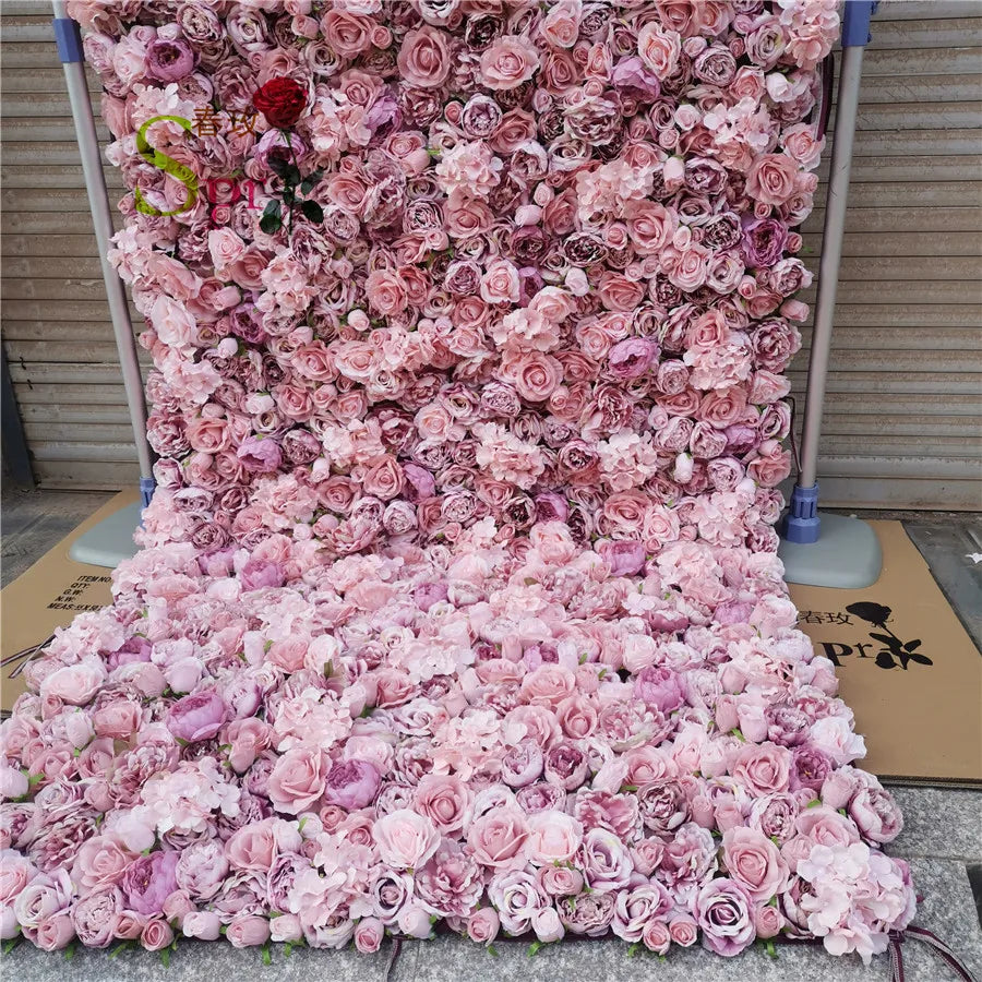 SPR customized size & color Roll up Wedding Artificial Silk Rose Flower Wall Backdrop Wall for Wedding Decoration