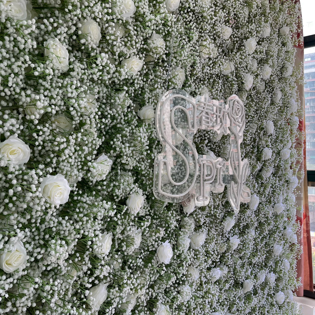 SPR Wholesale Custom White Baby Breath Wedding Rose Supplies Decoration Rose Backdrop Silk Artificial Decorative Flower Wall