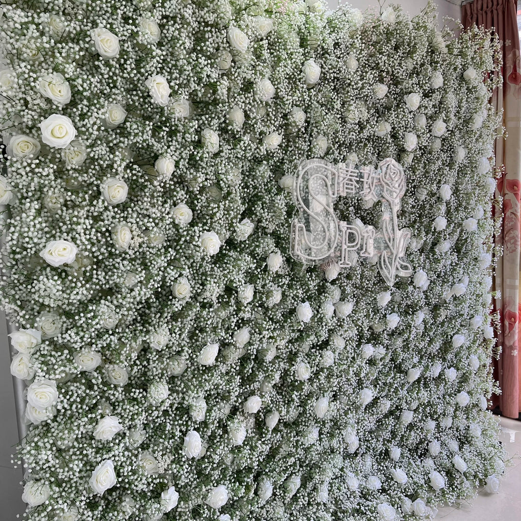 SPR Wholesale Custom White Baby Breath Wedding Rose Supplies Decoration Rose Backdrop Silk Artificial Decorative Flower Wall