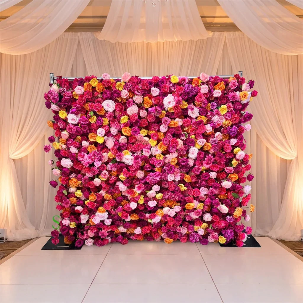 SPR  Wedding Stage Floral Wall Backdrop Decor High Quality Pink Rose Curtain Mat Roll up Cloth Fabric Silk Flower Wall