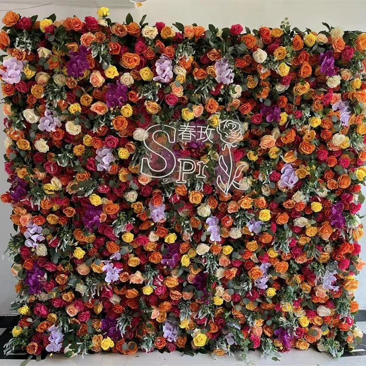 SPR Bridal Bouquet Customized Color Wedding Artificial Rose Peony Orchid Flower Wall with Green Plant Leaf Flower Panel