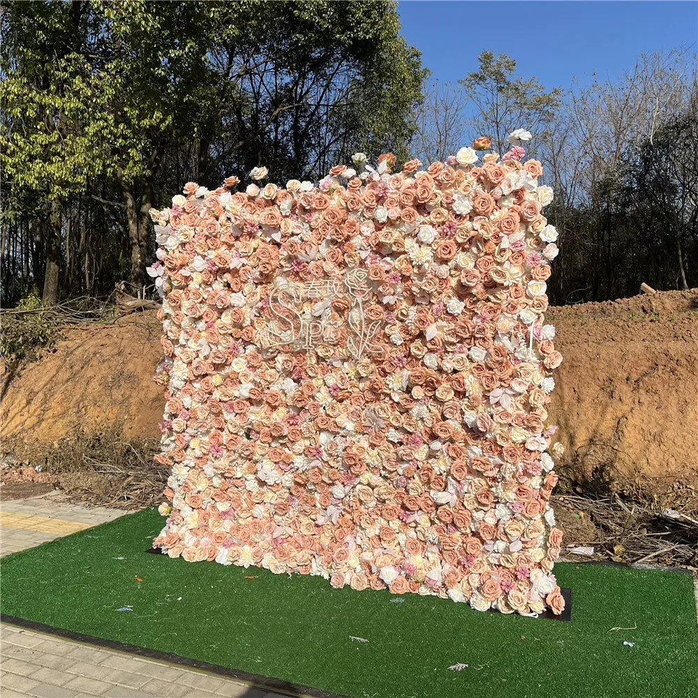 SPR High Quality Handmade Bohemian Style Green Plant Flower Wall with Rose Roll up Scented Reusable Wedding Backdrop