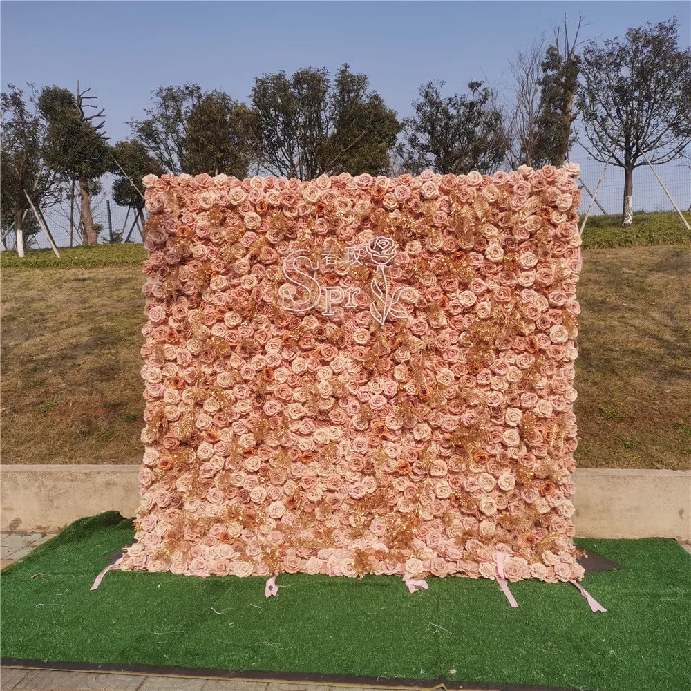 SPR Bride Flower Wholesale Custom Gold Flower Wall Backdrop Wedding Supplies Decoration Rose Backdrop Silk Artificial Decorative