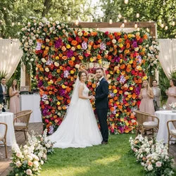 SPR Bridal Bouquet Customized Color Wedding Artificial Rose Peony Orchid Flower Wall with Green Plant Leaf Flower Panel - Ivory / SPR-FW22726-1