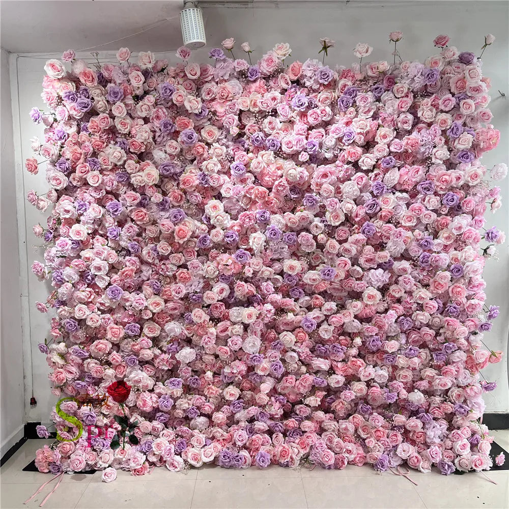 SPR Luxury Wedding Decoration Handmade Wholesale 7D Purple Pink Rose Flower Panel Backdrop Artificial Silk Flower Wall for Sale