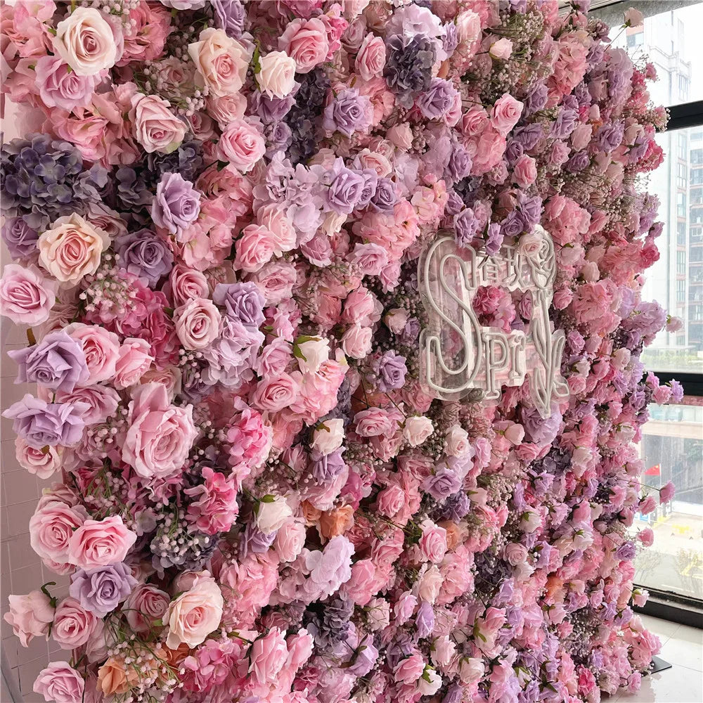 SPR Hot Sale Artificial Wedding Decoration Mix pink Purple  7D High Quality Flower Walls Fabric Back Roll up Style Wall