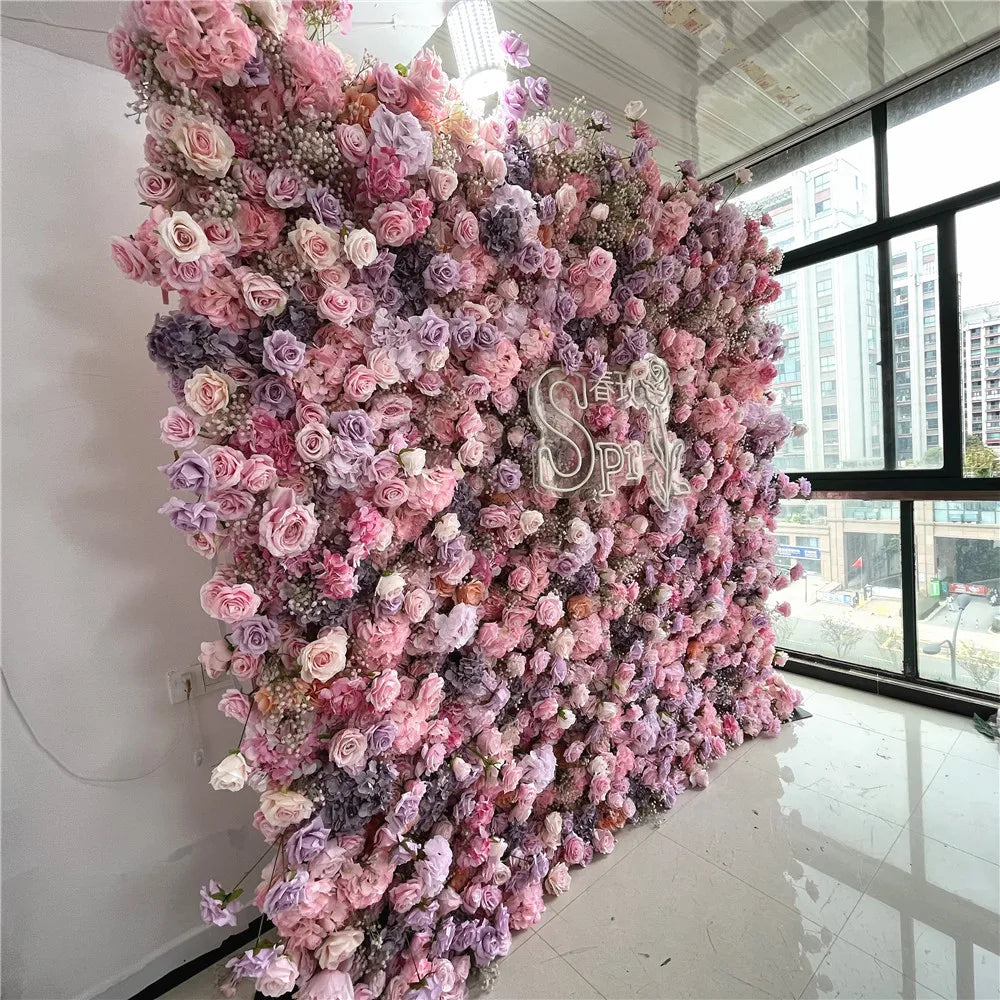 SPR Hot Sale Artificial Wedding Decoration Mix pink Purple  7D High Quality Flower Walls Fabric Back Roll up Style Wall