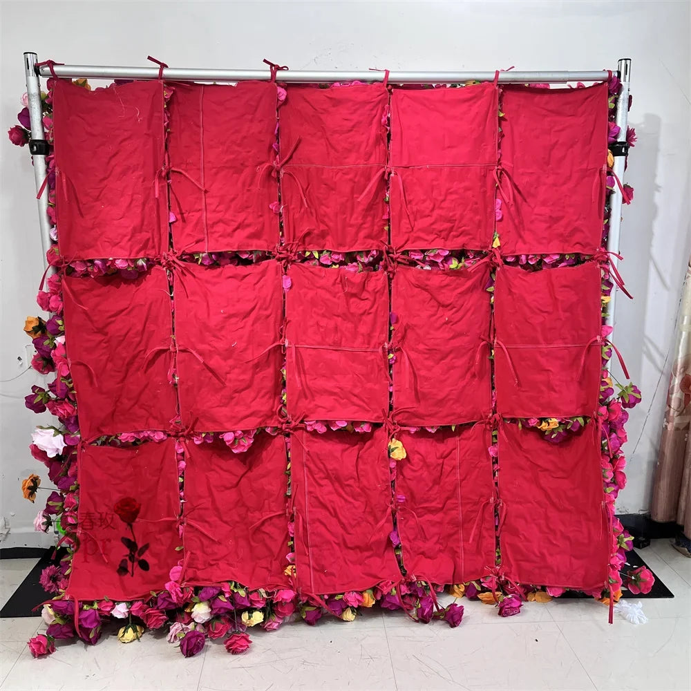 SPR  Wedding Stage Floral Wall Backdrop Decor High Quality Pink Rose Curtain Mat Roll up Cloth Fabric Silk Flower Wall