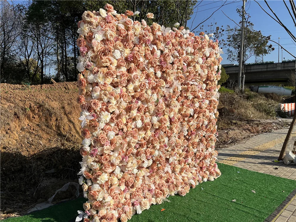 SPR High Quality Handmade Bohemian Style Green Plant Flower Wall with Rose Roll up Scented Reusable Wedding Backdrop