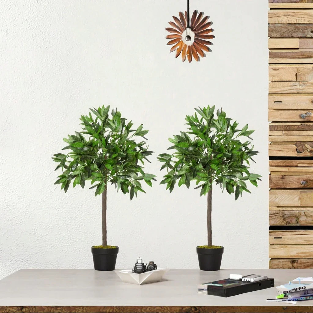 SPR Artificial Laurel Topiary Tree Set of 2 Realistic Leaves Twisted Trunk with Plastic Pot for Home Garden Patio Decor