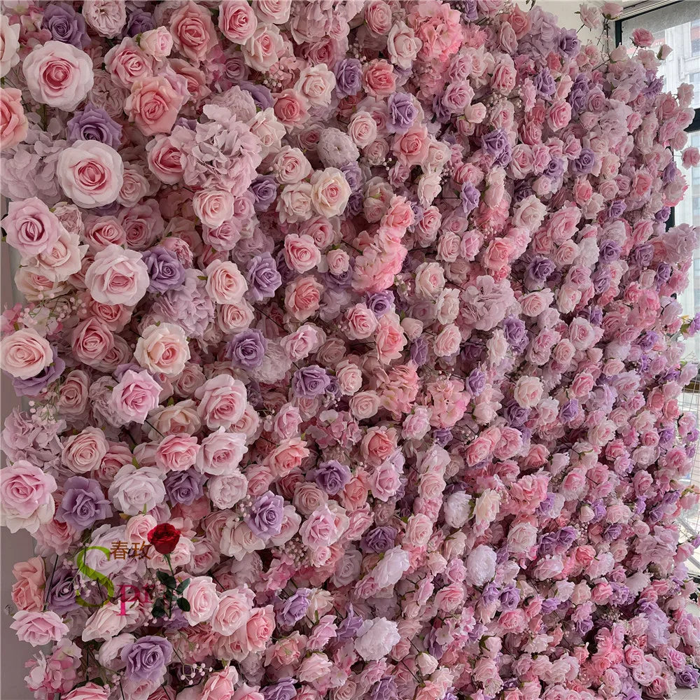 SPR Luxury Wedding Decoration Handmade Wholesale 7D Purple Pink Rose Flower Panel Backdrop Artificial Silk Flower Wall for Sale