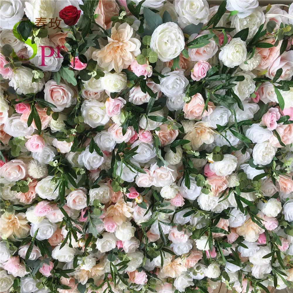 SPR Top Selling Roll up Cloth Back Mix White and Ivory Silk Flower Wall for Wedding Backdrop Decoration
