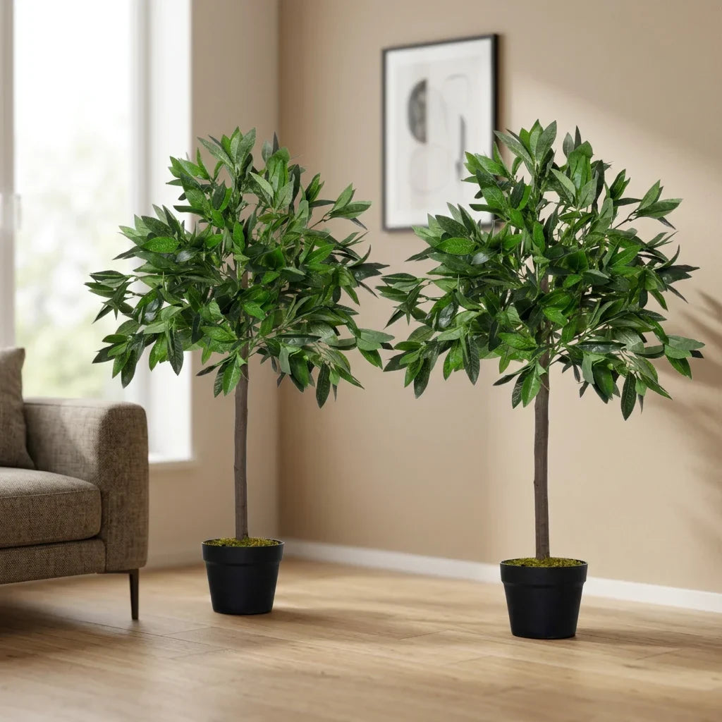 SPR Artificial Laurel Topiary Tree Set of 2 Realistic Leaves Twisted Trunk with Plastic Pot for Home Garden Patio Decor