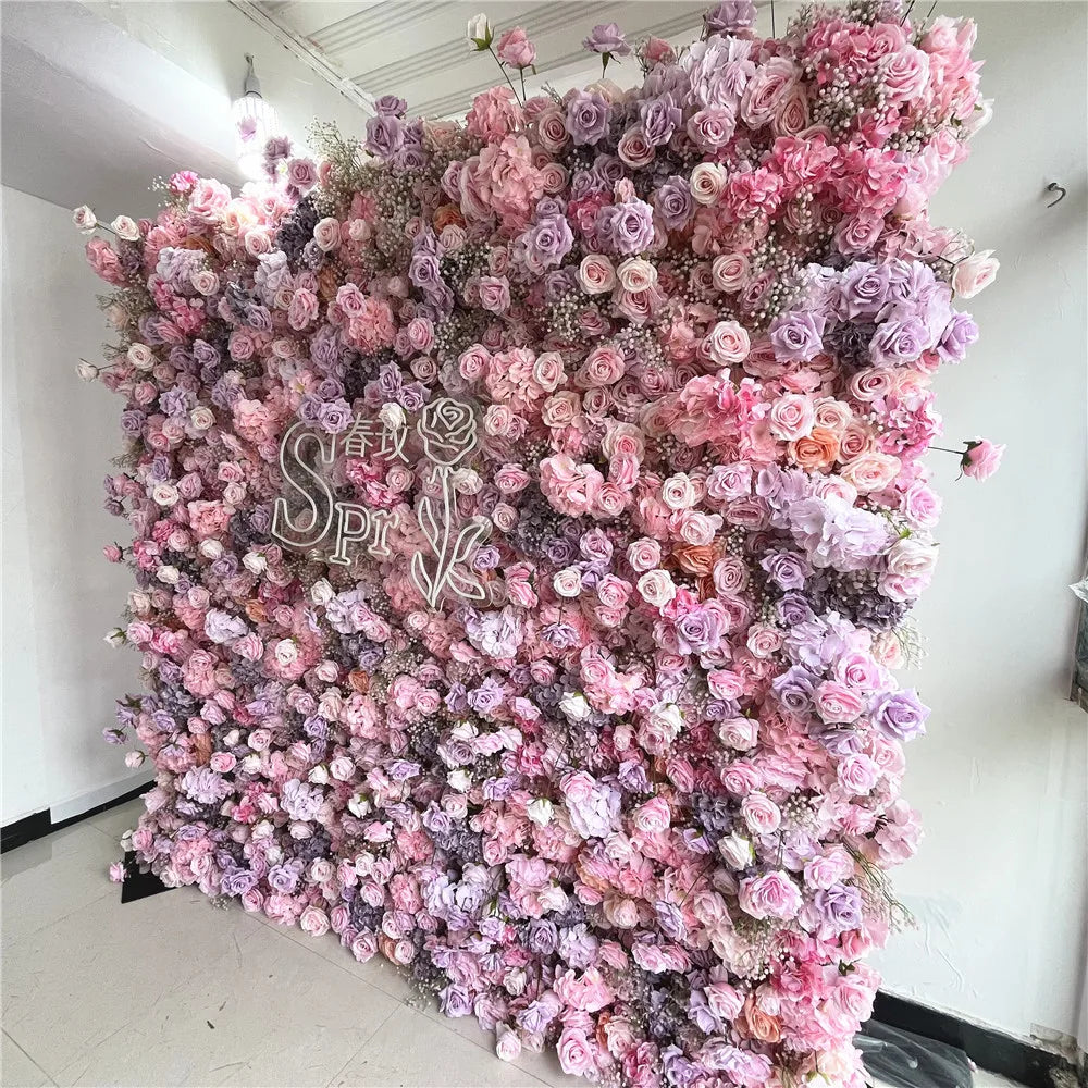 SPR Hot Sale Artificial Wedding Decoration Mix pink Purple  7D High Quality Flower Walls Fabric Back Roll up Style Wall